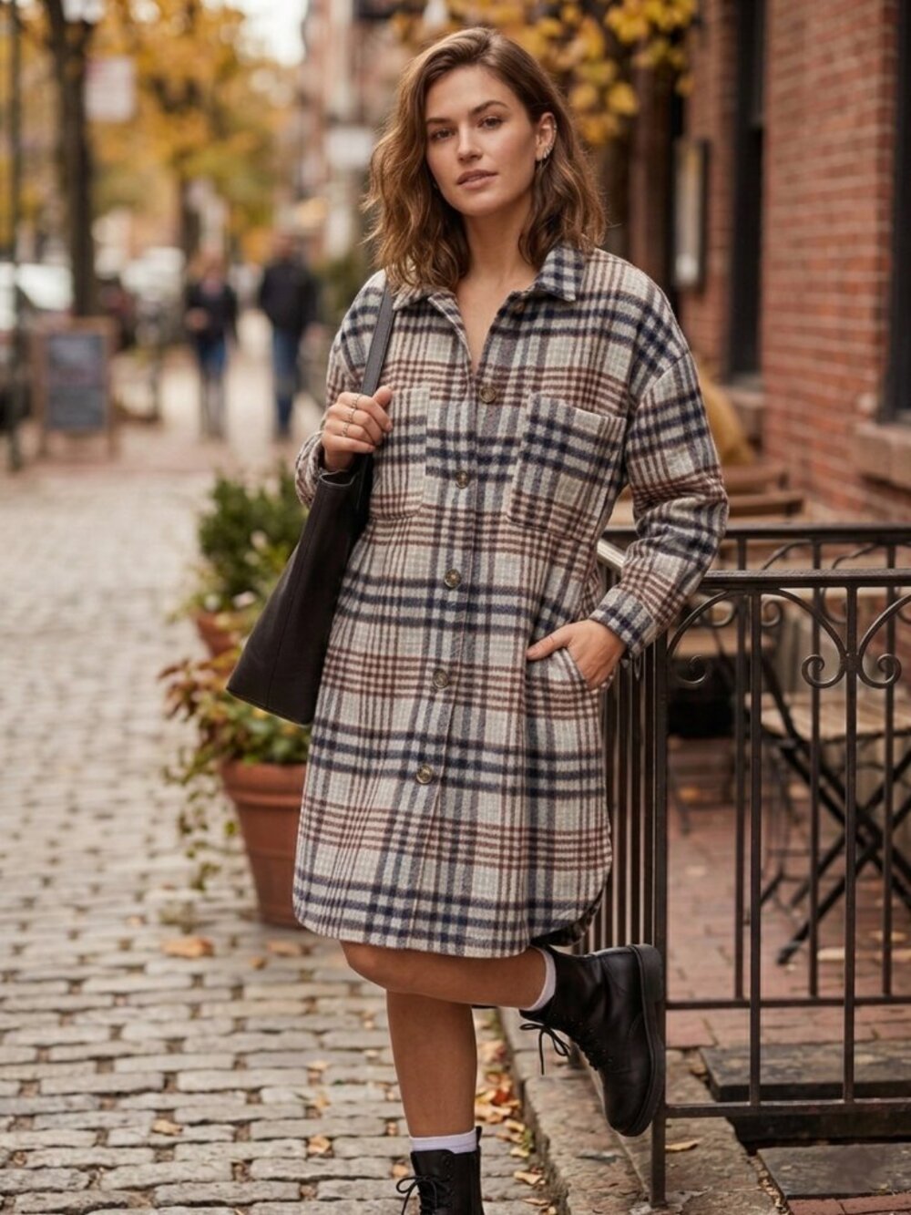 Active USA Plaid Flannel Shirt Dress Longline Shacket Jacket Brown 1XL